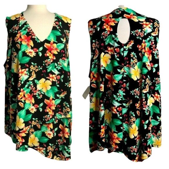 Rafaella Womens Bold Black Floral V-Neck Top 2X Hi-Low Sleeveless Pullover NEW - Picture 1 of 8
